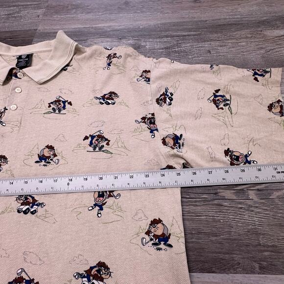 Vintage 90s 1997 WB Warner Bros Cream Mens 2XL AOP Taz‎ Tasmanian Devil Polo - Picture 6 of 8